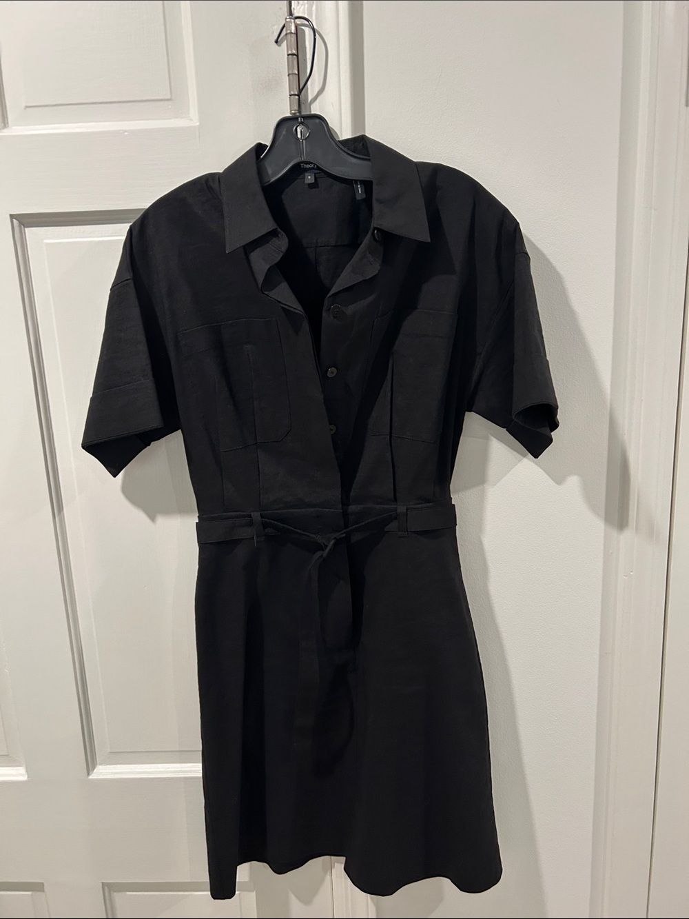 Theory Black linen blend Short-Sleeve mini Shirt Dress with belt